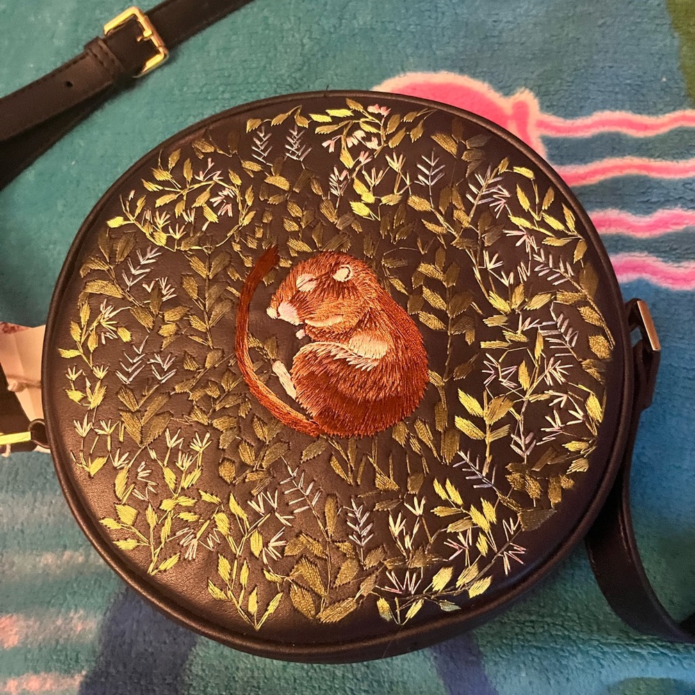 Fable blue cross body bag with mouse and leaves embroidered